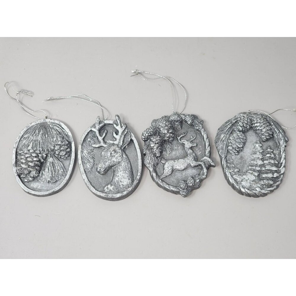 Set Of 4 Silver‎ Tone Pinecone & Deer Hanging Christmas/Holiday Ornaments